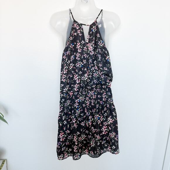 Parker Floral Print Halter Sleeveless Smocked Mini Dress Black Size Medium - Picture 4 of 7